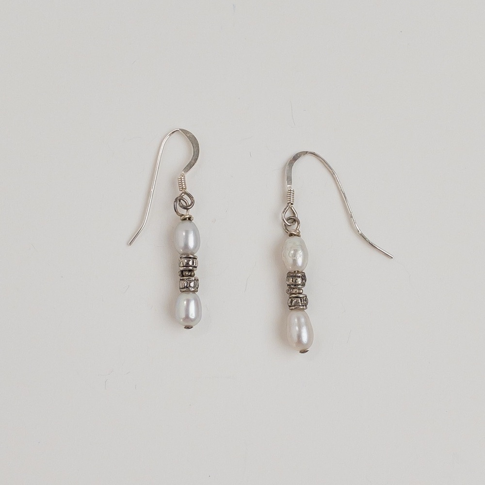 Vintage Sterling Silver Freshwater White Pearl Earrings Drop Dangle 925